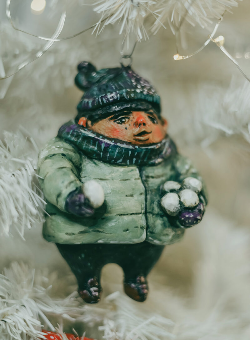 Handmade Winter Boy with Snowballs Christmas Ornament – Holiday Tree Decoration