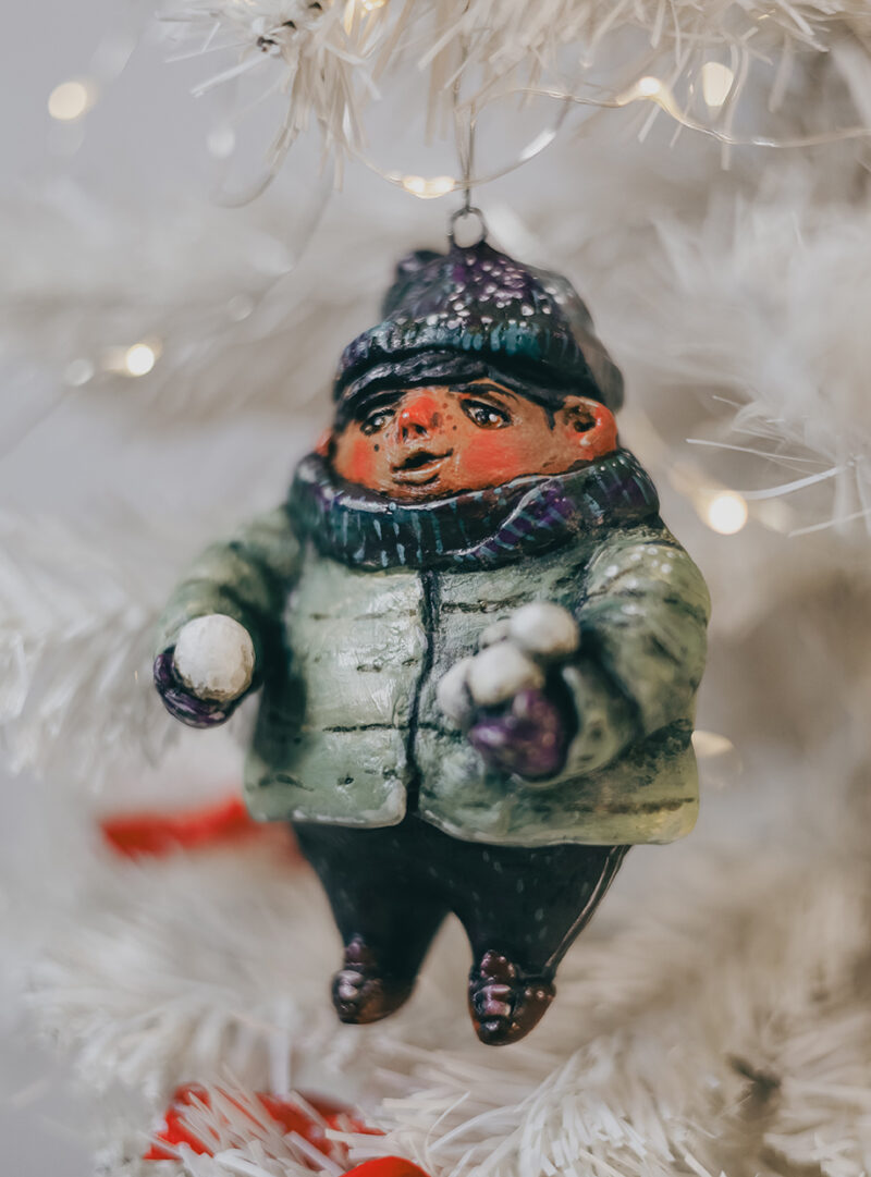 Handmade Winter Boy with Snowballs Christmas Ornament – Holiday Tree Decoration