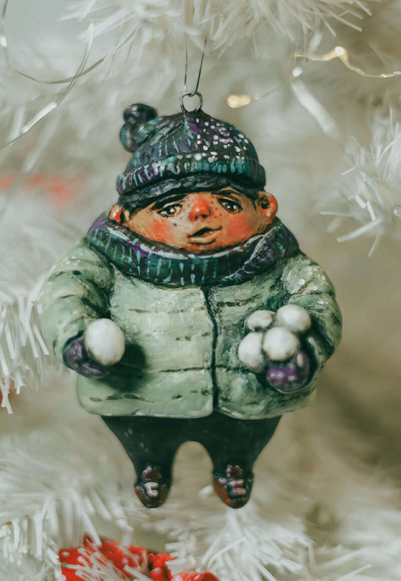 Handmade Winter Boy with Snowballs Christmas Ornament – Holiday Tree Decoration