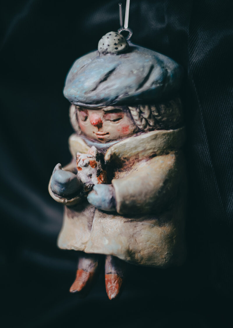 Handmade Winter Girl with a Kitten Christmas Ornament – Holiday Tree Decoration