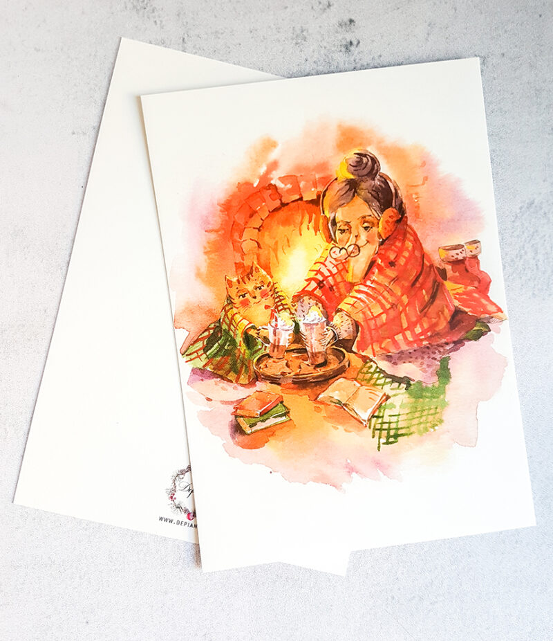 Warm Wishes Cozy Cat Card – A Heartwarming Christmas Watercolor Postcard