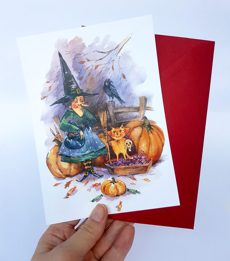 Funny Halloween Card – Witch Grandma and a Cat