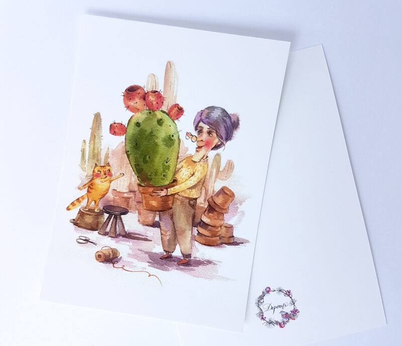 Cactus & Cat Watercolor Postcard - Whimsical Art for Cat Lovers and Urban Jungle Enthusiasts