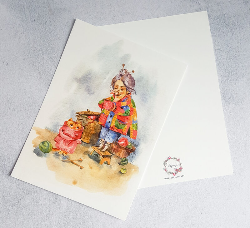 Knitting Grandma and Cat Postcard – A Cozy Watercolor Illustration