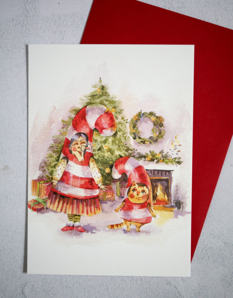 Candy Cane Cat Christmas Card – A Festive Watercolor Postcard