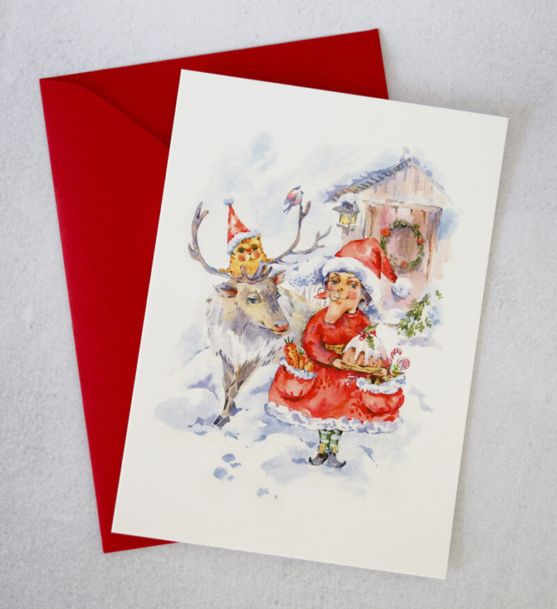 Mrs. Claus and Cat Postcard – A Festive Watercolor Christmas Scene