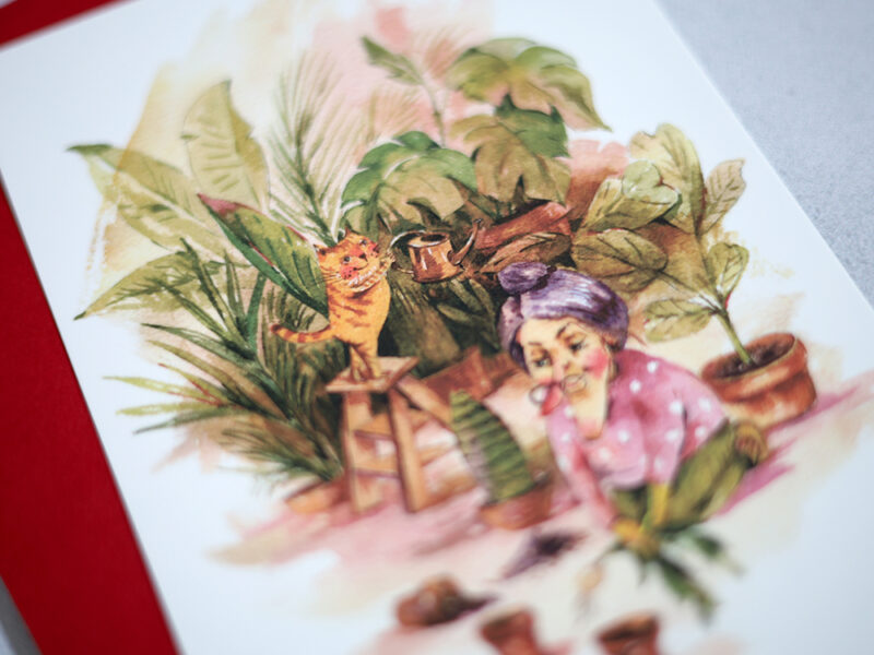 Houseplant Cat Postcard – Whimsical Watercolor Art for Plant and Cat Lovers