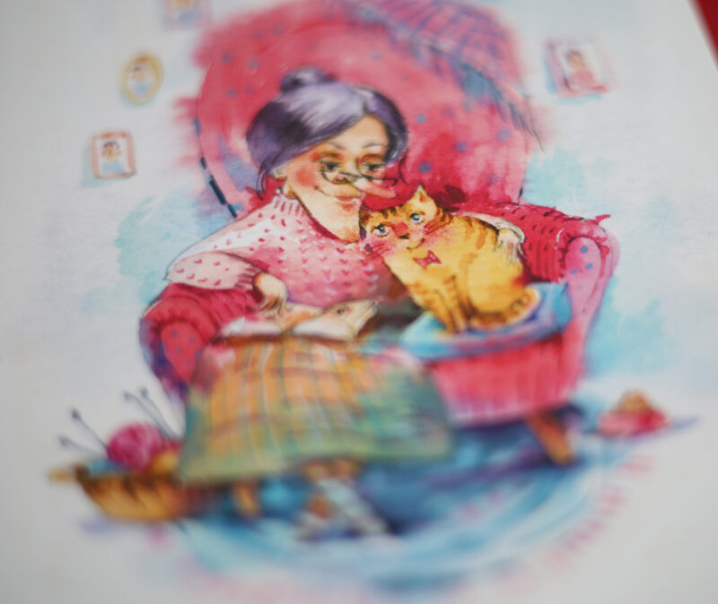 Grandma and Cat Cozy Reading Postcard – A Charming Watercolor Illustration