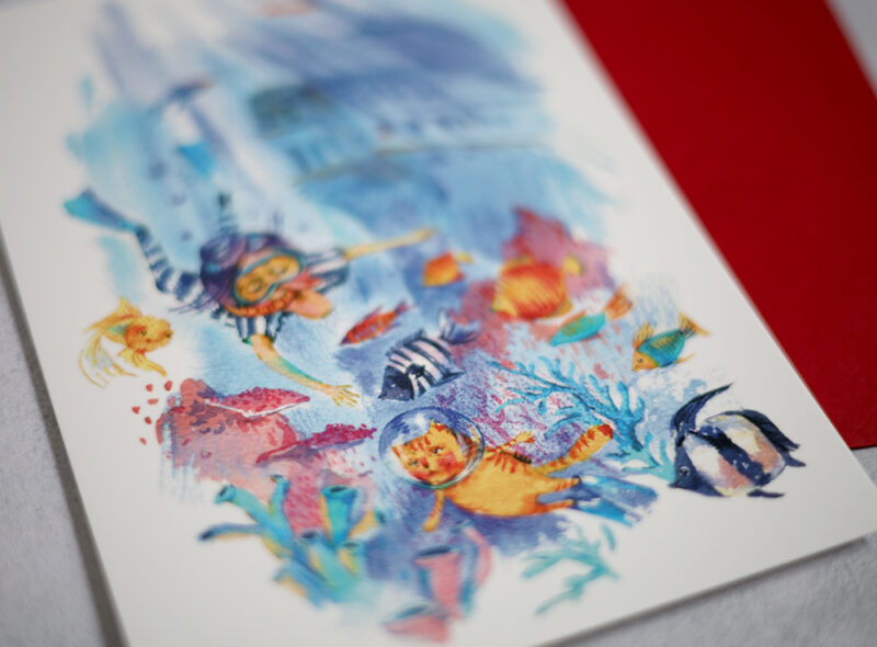 Under the Sea Cat Card – A Whimsical Watercolor Greeting