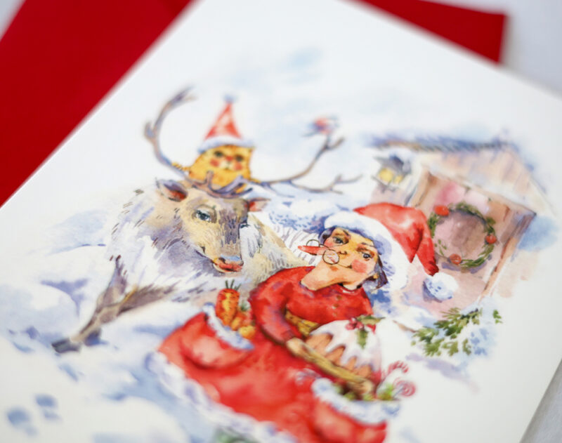 Mrs. Claus and Cat Postcard – A Festive Watercolor Christmas Scene