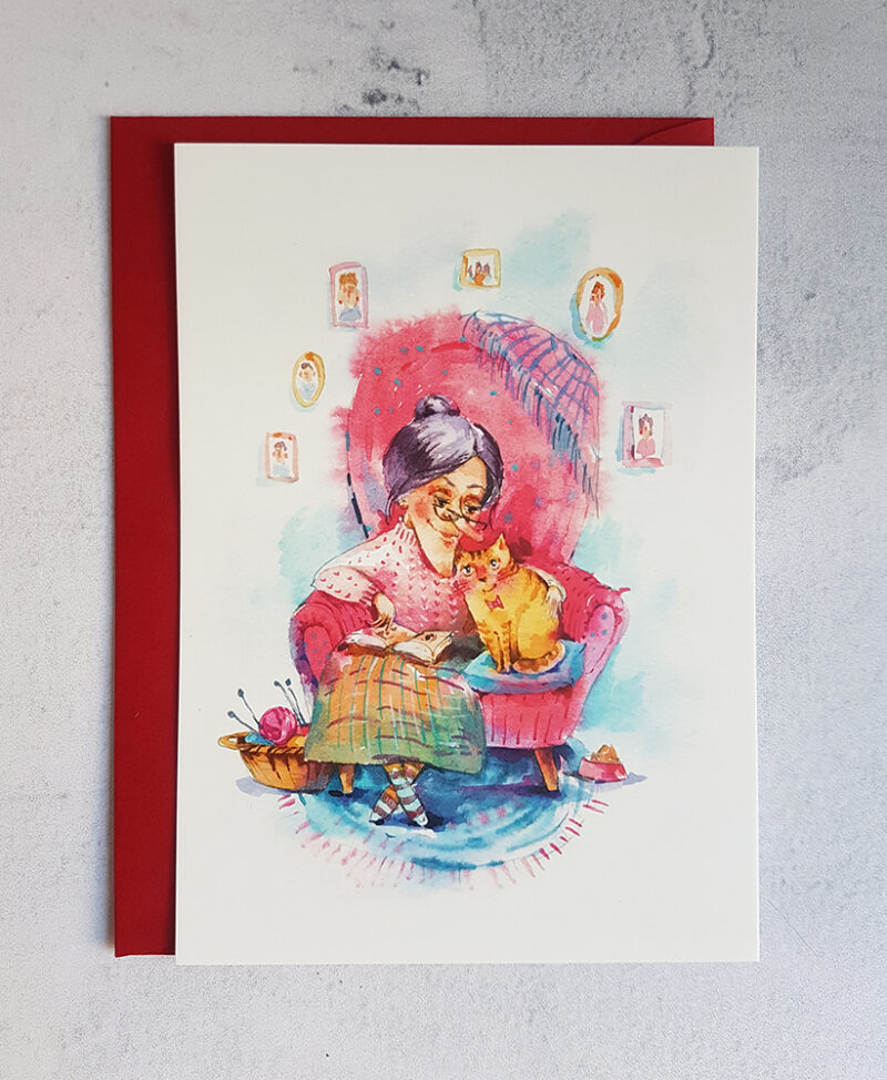 Grandma and Cat Cozy Reading Postcard – A Charming Watercolor Illustration