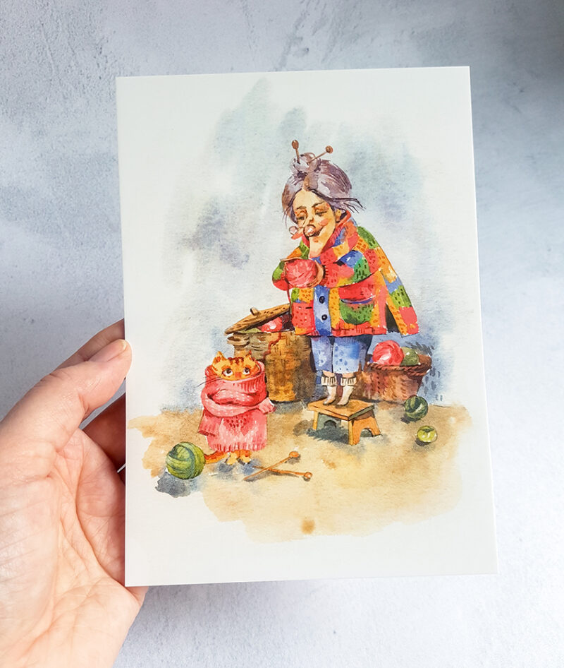 Knitting Grandma and Cat Postcard – A Cozy Watercolor Illustration