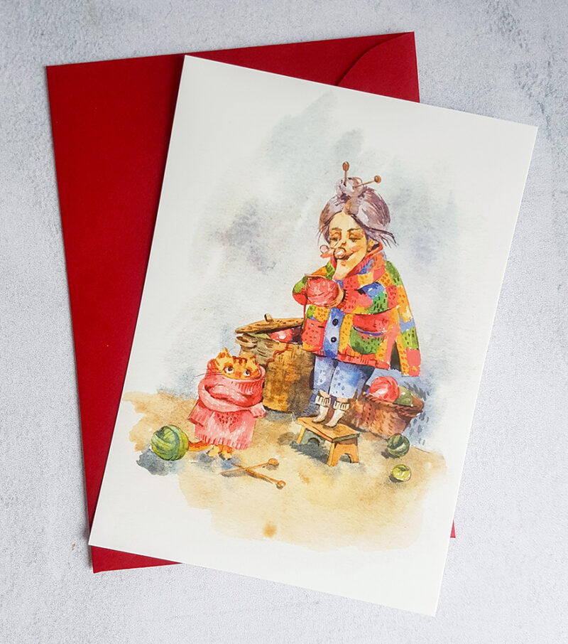 Knitting Grandma and Cat Postcard – A Cozy Watercolor Illustration