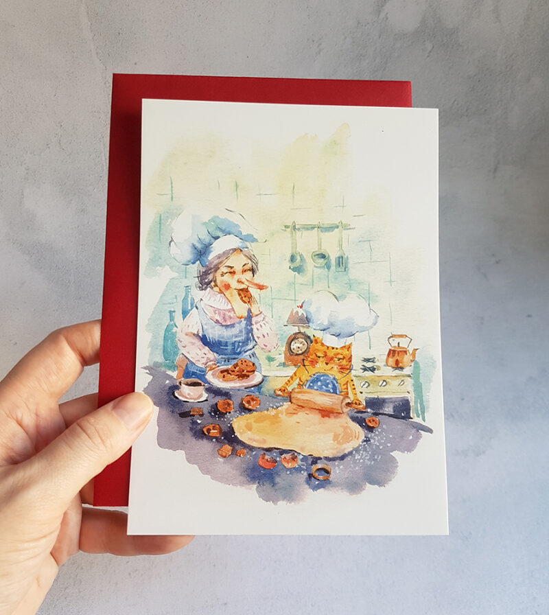 Baking Cat Postcard – A Whimsical Watercolor for Cat and Baking Lovers