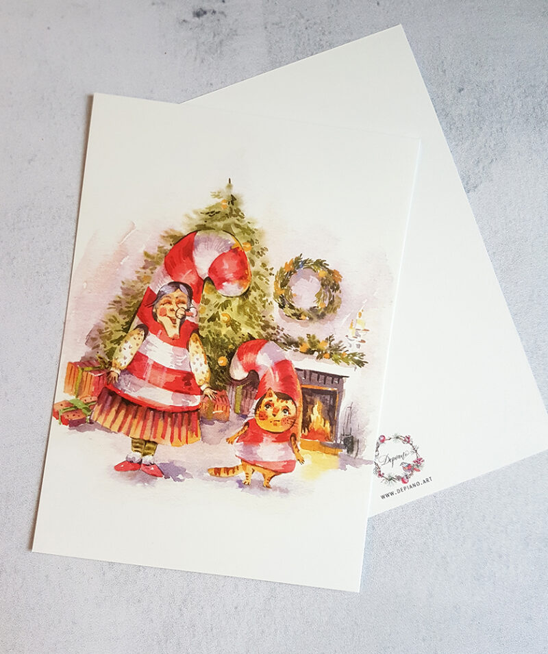 Candy Cane Cat Christmas Card – A Festive Watercolor Postcard