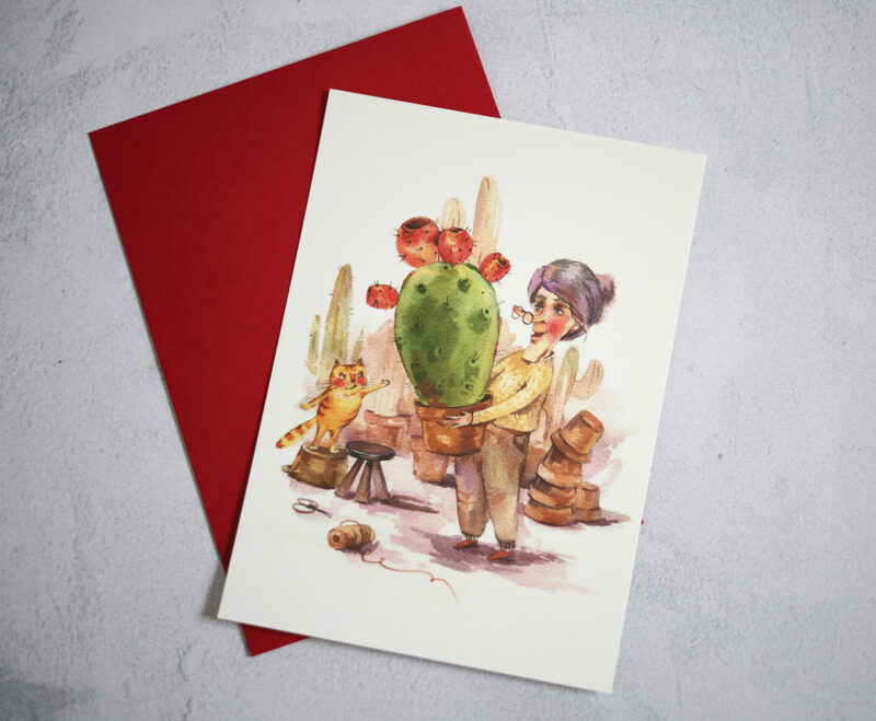 Cactus & Cat Watercolor Postcard - Whimsical Art for Cat Lovers and Urban Jungle Enthusiasts