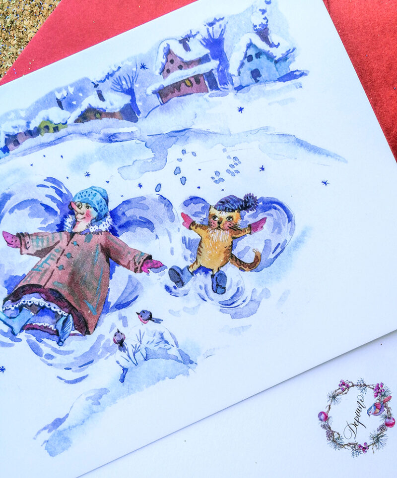 Cozy Winter Cat Postcard – A Whimsical Christmas Greeting in Watercolor