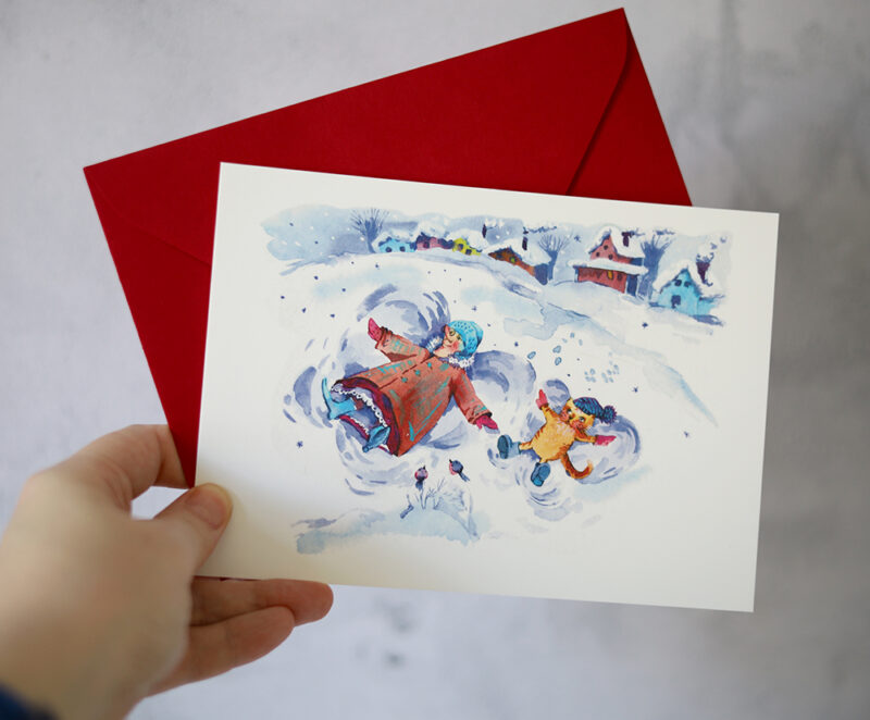 Cozy Winter Cat Postcard – A Whimsical Christmas Greeting in Watercolor