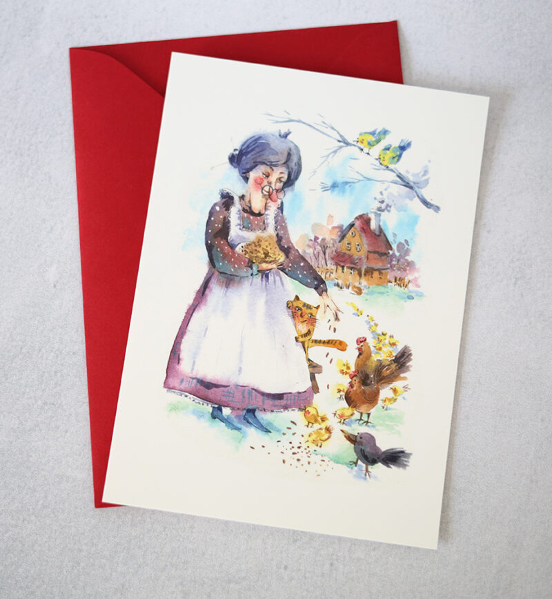 Easter Cat and Chickens Illustrated Postcard – A Whimsical Celebration of Spring