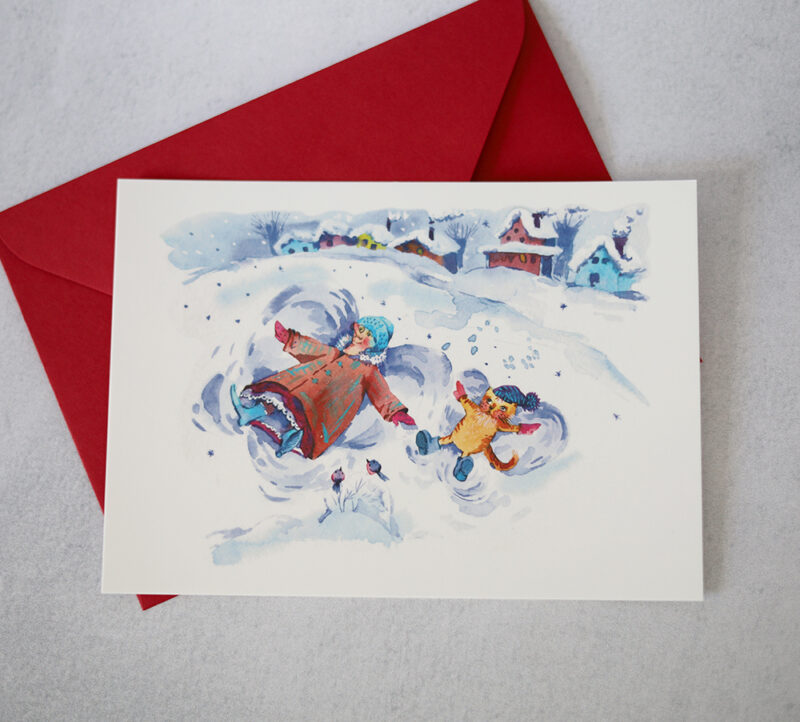 Cozy Winter Cat Postcard – A Whimsical Christmas Greeting in Watercolor