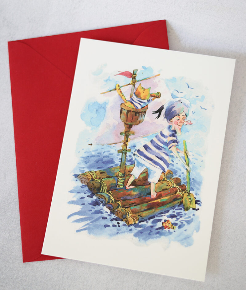 Grandma and Cat Adventure Postcard – A Playful Watercolor Illustration