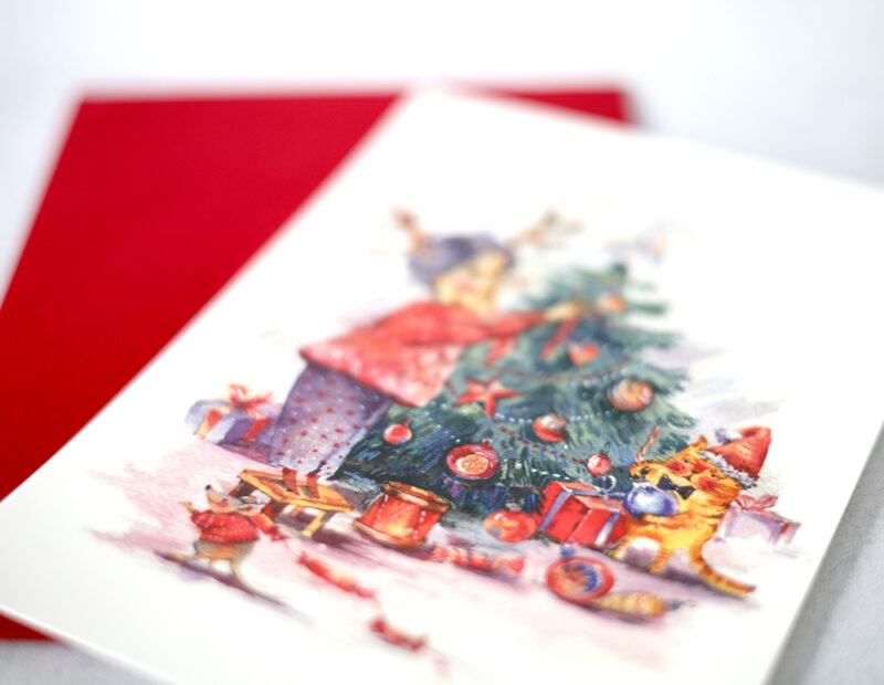 Christmas Tree Cat Card – A Cozy Watercolor Postcard