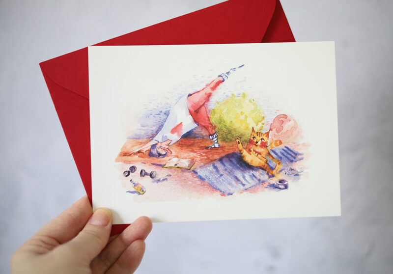 Yoga Cat Postcard – A Playful Watercolor Celebration of Wellness and Humor