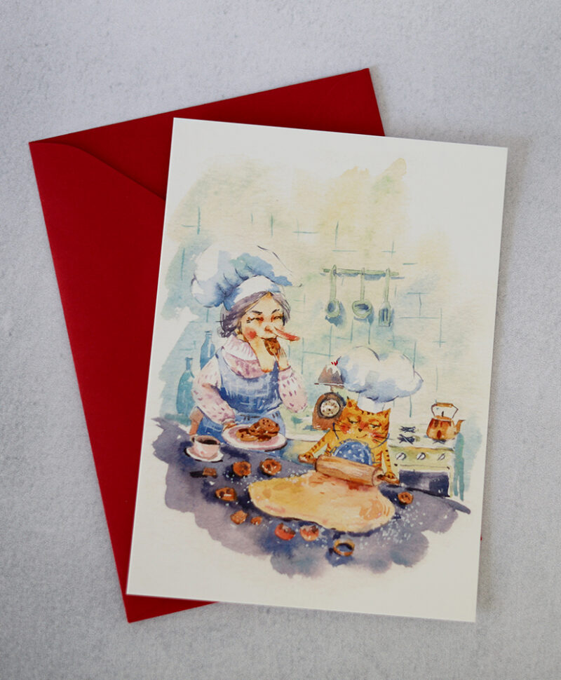 Baking Cat Postcard – A Whimsical Watercolor for Cat and Baking Lovers