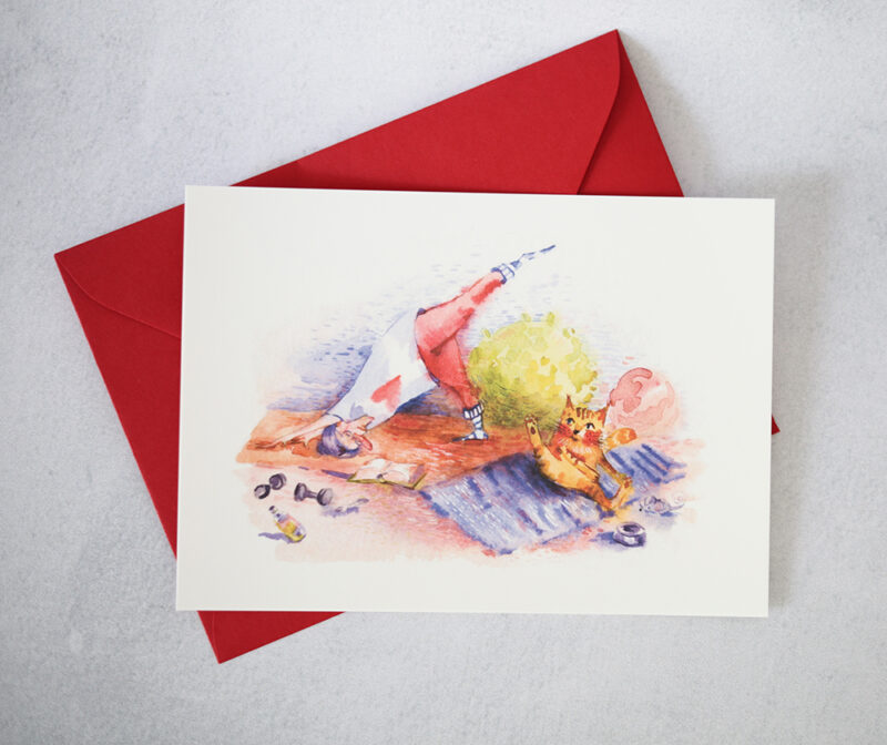 Yoga Cat Postcard – A Playful Watercolor Celebration of Wellness and Humor