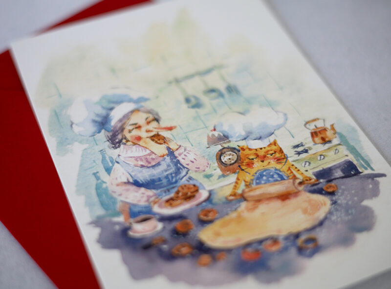 Baking Cat Postcard – A Whimsical Watercolor for Cat and Baking Lovers