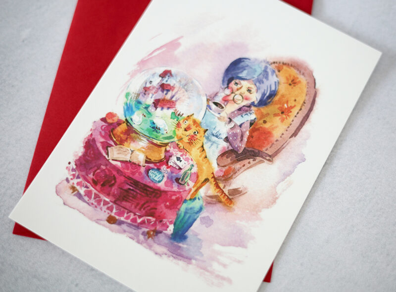 Grandma and Cat Illustrated Postcard – A Whimsical Touch of Nostalgia