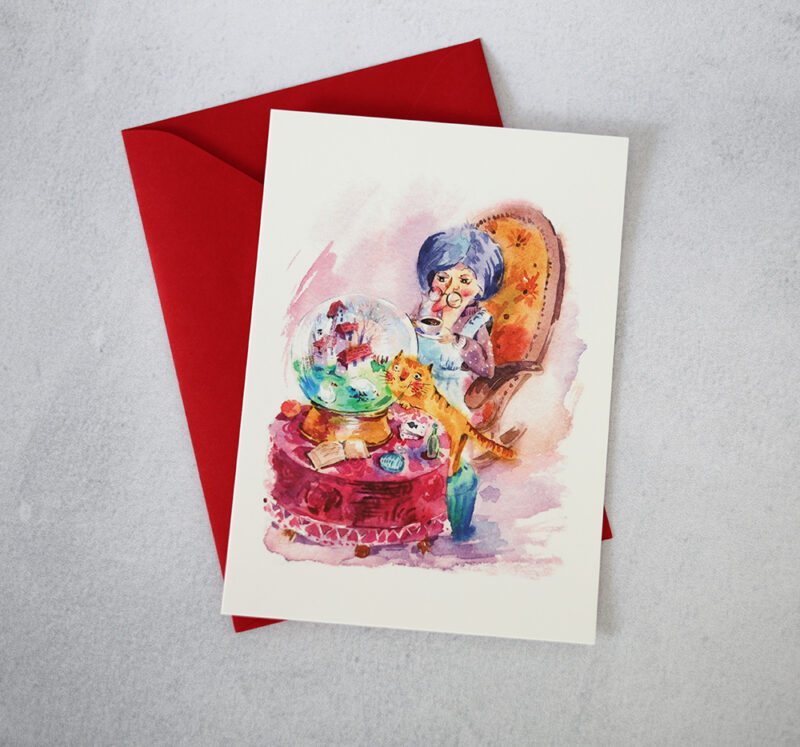 Grandma and Cat Illustrated Postcard – A Whimsical Touch of Nostalgia