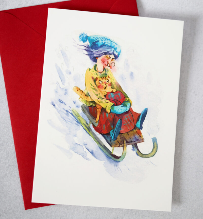 Winter Sled Ride Cat Postcard – A Fun and Festive Watercolor Card