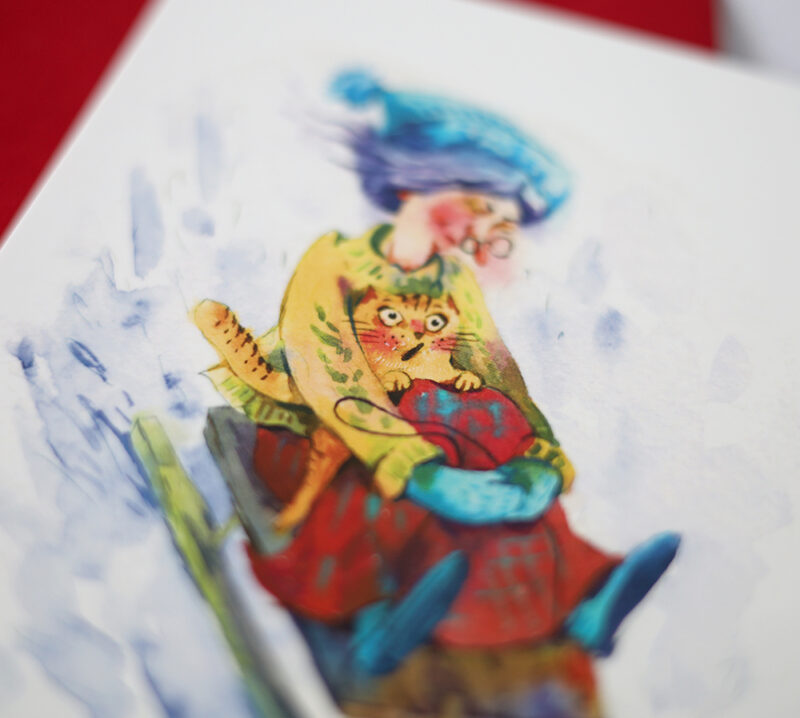 Winter Sled Ride Cat Postcard – A Fun and Festive Watercolor Card