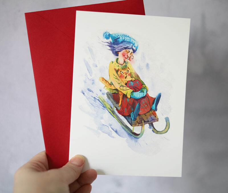 Winter Sled Ride Cat Postcard – A Fun and Festive Watercolor Card