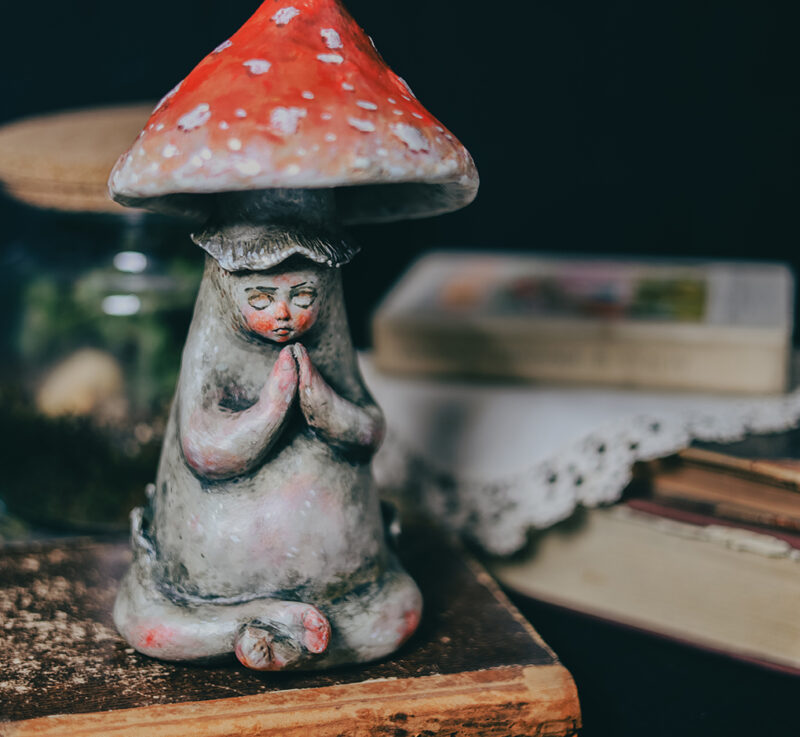 Amanita Mushroom in Namaste Pose – Handmade Paper Mache Sculpture