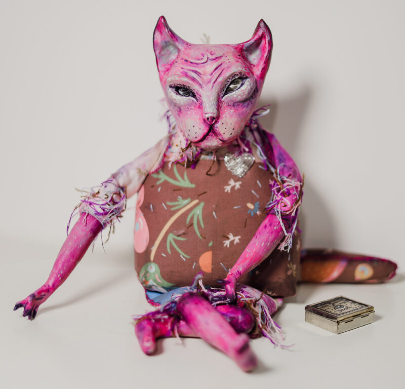 OOAK Pink Cat Art Doll with Vintage Trinket Box – Paper Mache & Textile Collectible with Crystal Eyes