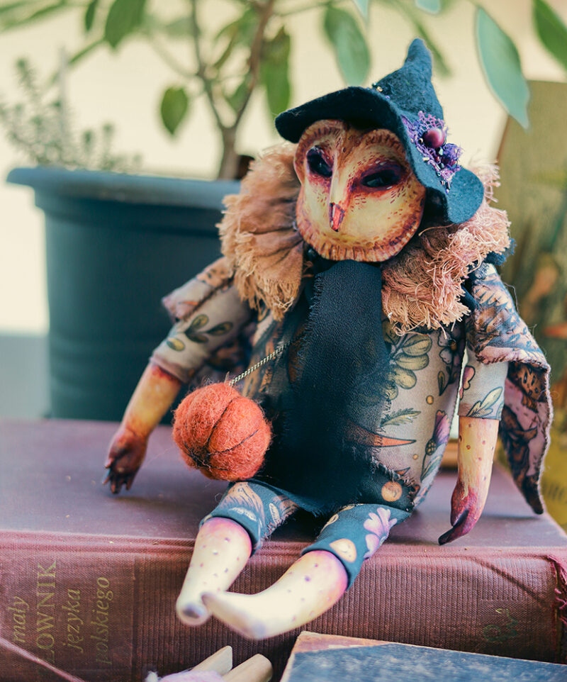 OOAK Halloween Owl Witch Doll Handmade Art Doll with Pumpkin Charm