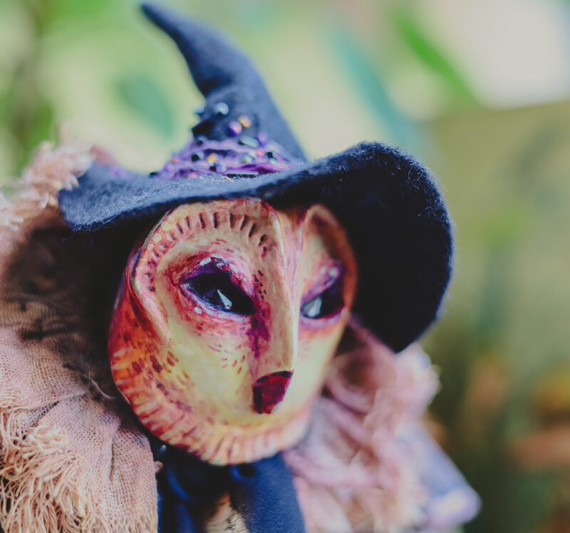 OOAK Halloween Owl Witch Doll Handmade Art Doll with Pumpkin Charm