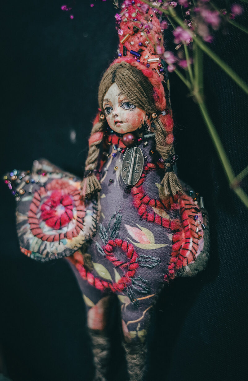 OOAK Sirin Wall Hanging – Handmade Mythical Bird Doll with Embroidery and Beads
