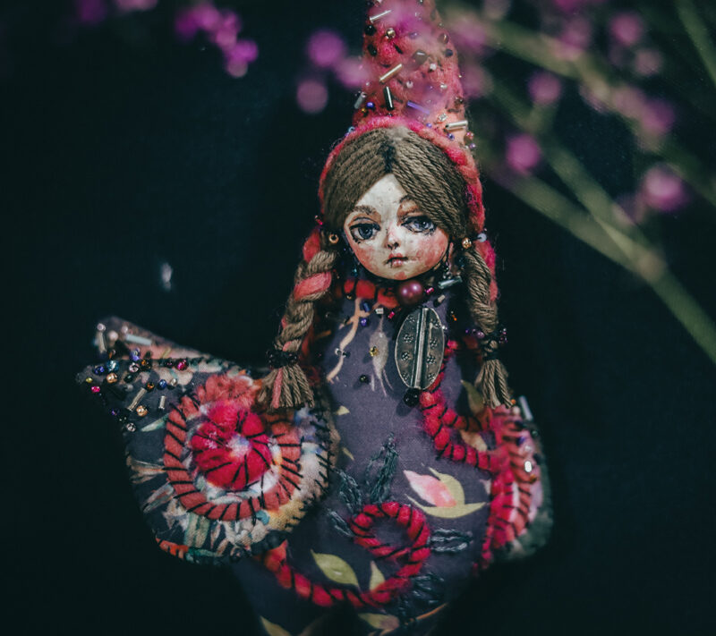 OOAK Sirin Wall Hanging – Handmade Mythical Bird Doll with Embroidery and Beads