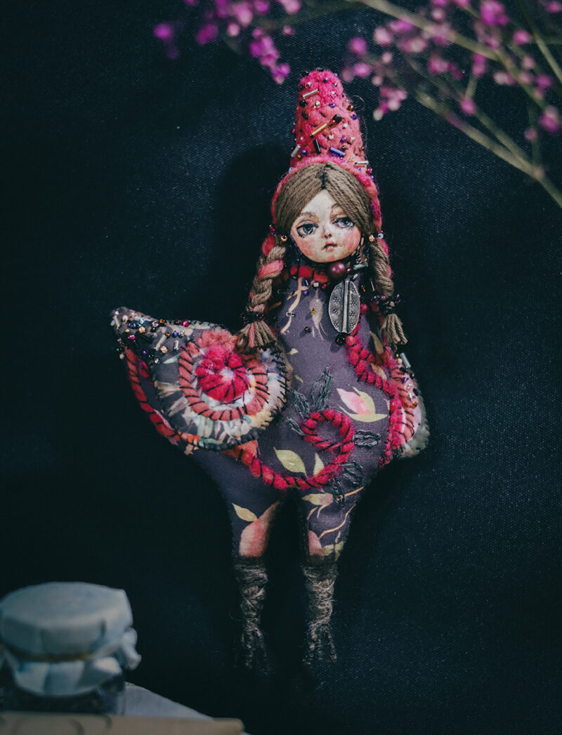 OOAK Sirin Wall Hanging – Handmade Mythical Bird Doll with Embroidery and Beads