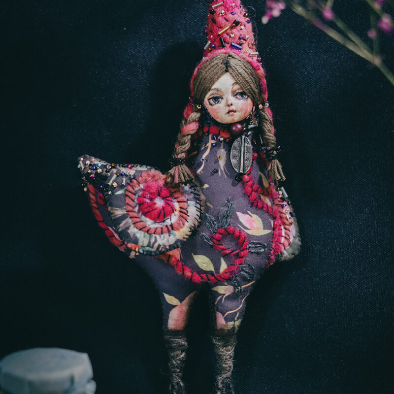 OOAK Sirin Wall Hanging – Handmade Mythical Bird Doll with Embroidery and Beads