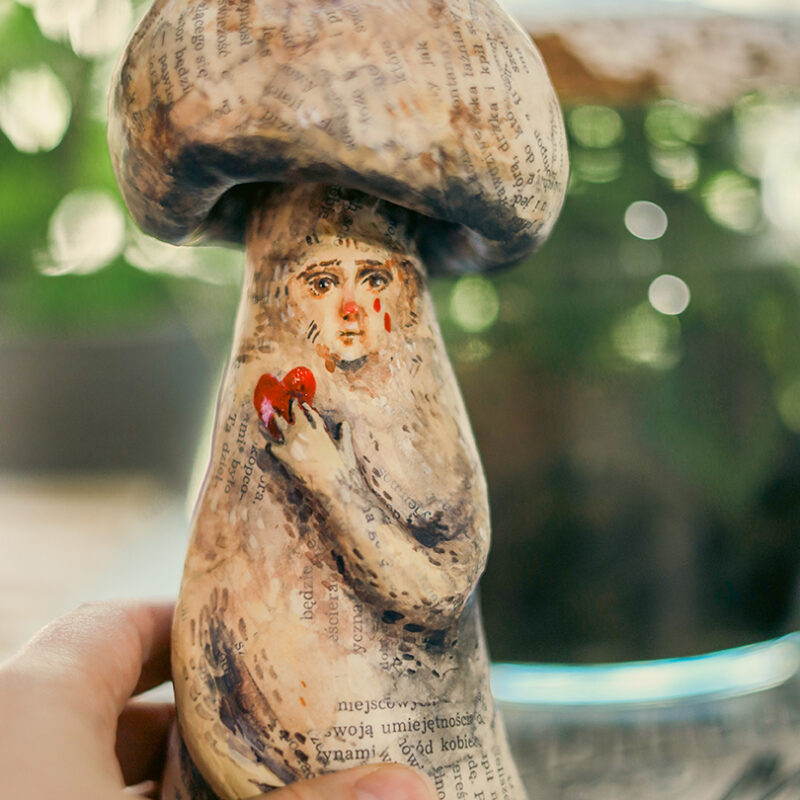 OOAK Mushroom Spirit Sculpture with Human Face and Red Heart – Handmade Paper Mache & Vintage Book Pages