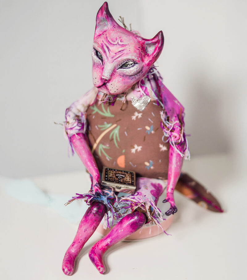 OOAK Pink Cat Art Doll with Vintage Trinket Box – Paper Mache & Textile Collectible with Crystal Eyes