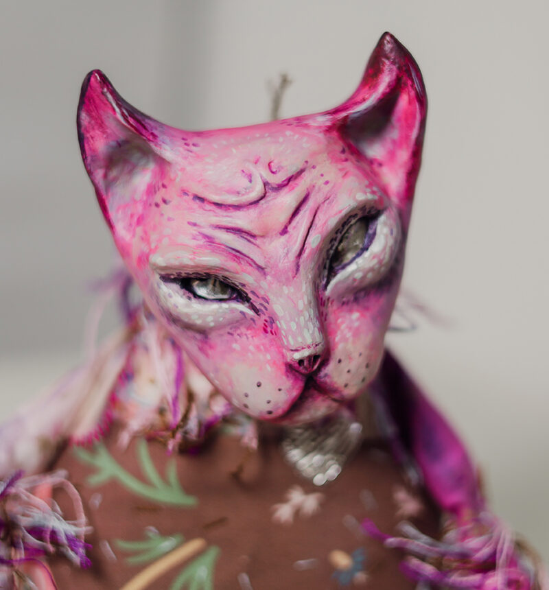 OOAK Pink Cat Art Doll with Vintage Trinket Box – Paper Mache & Textile Collectible with Crystal Eyes
