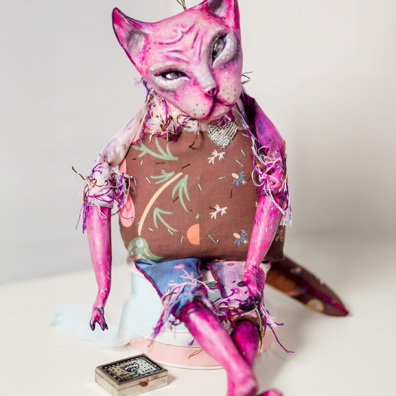 OOAK Pink Cat Art Doll with Vintage Trinket Box – Paper Mache & Textile Collectible with Crystal Eyes