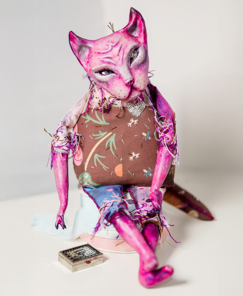 OOAK Pink Cat Art Doll with Vintage Trinket Box – Paper Mache & Textile Collectible with Crystal Eyes