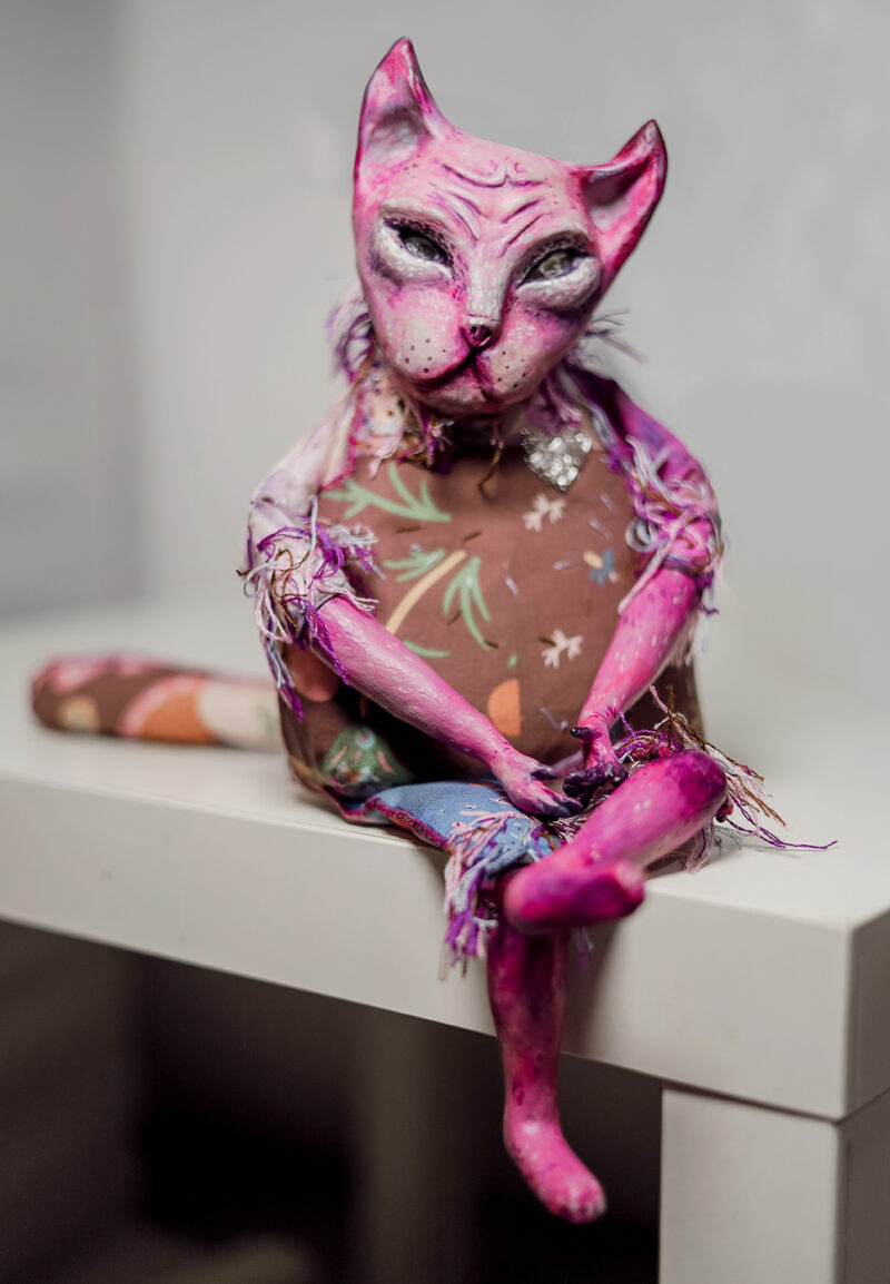 OOAK Pink Cat Art Doll with Vintage Trinket Box – Paper Mache & Textile Collectible with Crystal Eyes