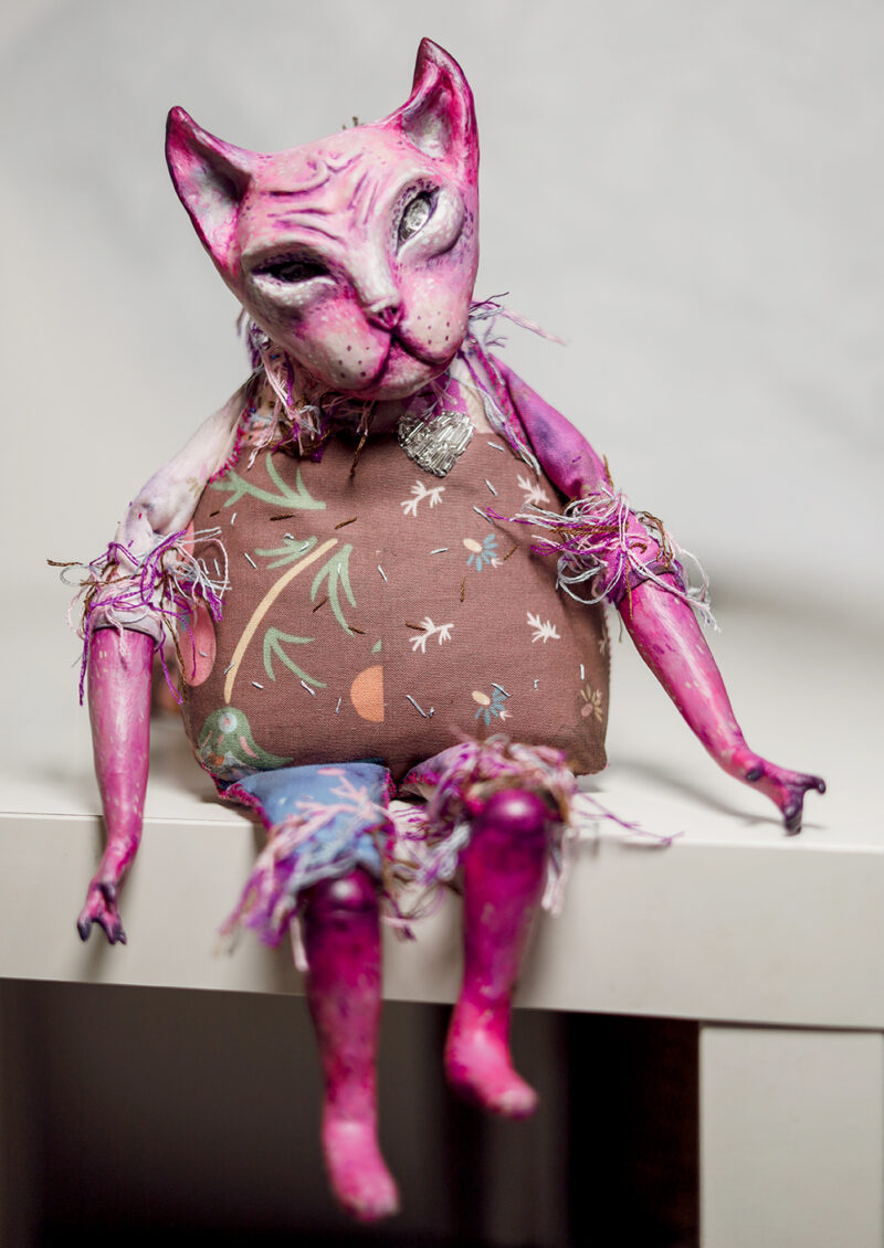 OOAK Pink Cat Art Doll with Vintage Trinket Box – Paper Mache & Textile Collectible with Crystal Eyes